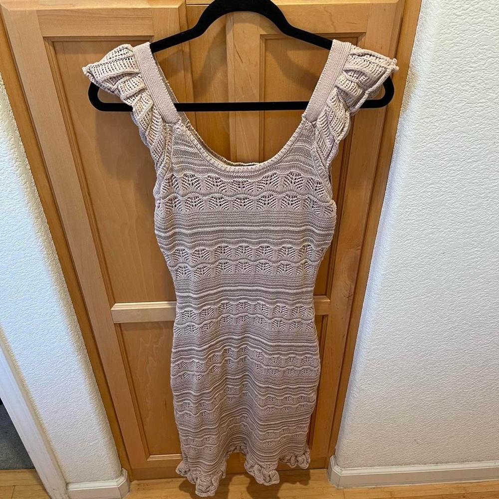 Freshman 1996 women’s tan light brown knit crochet lined midi dress Size Small